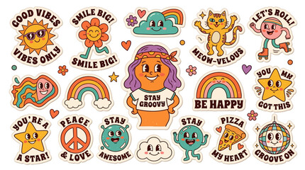 Obraz premium Groovy stickers collection displaying smiling cats, peace signs, and retro-style cartoon figures with motivational quotes to promote a positive and fun lifestyle concept.