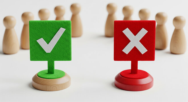 Figures behind green check and red cross signs, perfect for right or wrong choices positive evaluations and survey options