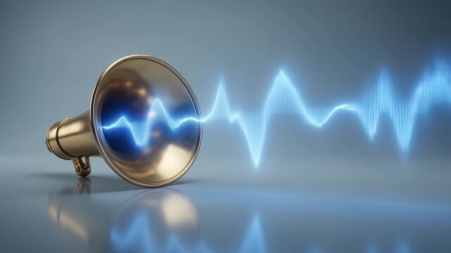 Gold megaphone emitting a bright blue sound wave pattern against a reflective surface. 