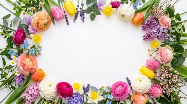 Top view flat lay of colorful spring flowers arranged around the border with large copy space in the center, clean white background, elegant floral frame, premium stock photography, high resolution