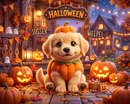 S&uuml;&szlig;er Halloween Welpe als K&uuml;rbis verkleidet, 3D Design