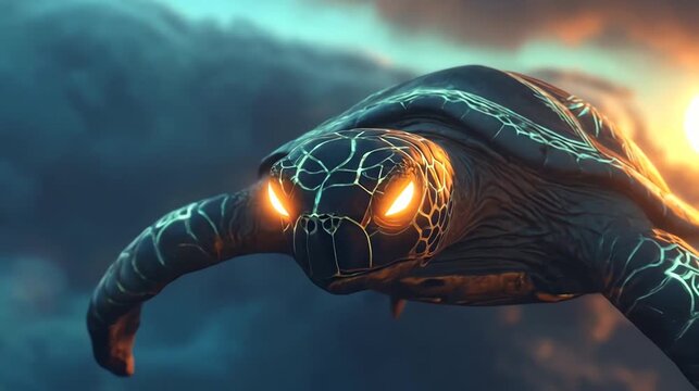 Fantasy sea turtle soaring in celestial sky at sunset