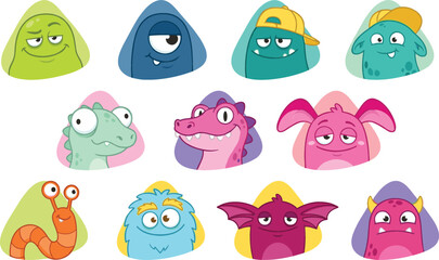 Fototapeta premium Cute cartoon monster avatar vector face set featuring friendly alien creature characters with various funny facial expressions isolated on white background.