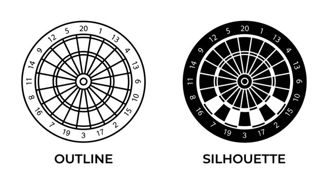Darts Board Outline and Silhouette: A clear comparison showcasing a darts board in both an outline and a silhouette view, highlighting its circular structure with numbered segments for play.