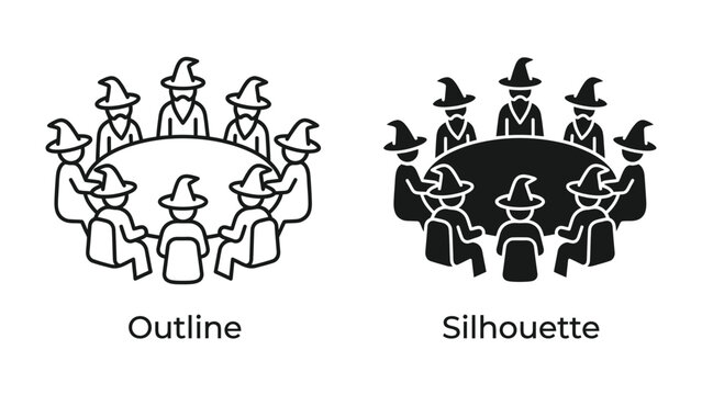 Meeting of Witches: An illustration depicting a circle of figures wearing pointed hats, seated around a round table, representing a clandestine meeting or a council.