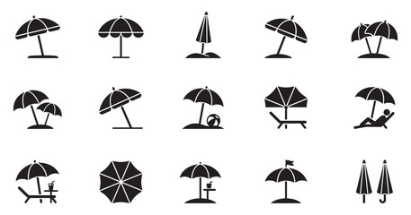 Fototapeta premium Beach umbrella icon set. Sunshade parasol symbol. Summer resort vacation logo. Sun protection shade sign. Vector Illustration. Vector Graphic.