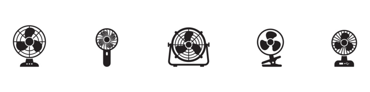 Electric fan icon set. Cooling blower symbol. Air ventilator desk fan logo. Room cooler sign. Vector Illustration. Vector Graphic.