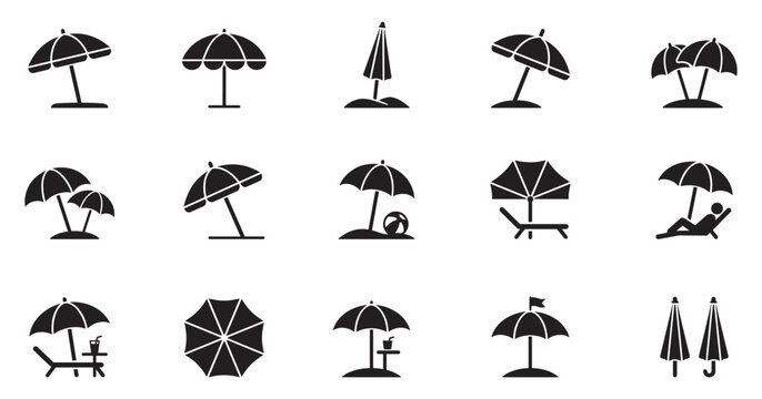Beach umbrella icon set. Sunshade parasol symbol. Summer resort vacation logo. Sun protection shade sign. Vector Illustration. Vector Graphic.