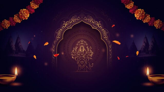 Traditional Hindu festival celebration with Maa Durga in ornate arch, marigold garlands, and glowing diya lamps