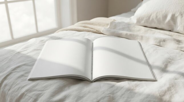 Minimalist blank open magazine mockup on white bed linens in bright morning sunlight with soft shadows for creative portfolio