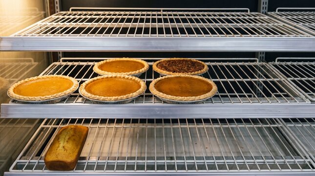 Pumpkin and pecan pies on commercial bakery cooling rack