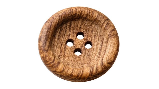 Round wooden button with four holes, isolated on transparent background