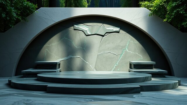 Dramatic stage design. Stone wall backdrop features bat symbol. Circular platform with steps. Green foliage frames scene. Lighting creates shadows, highlights.