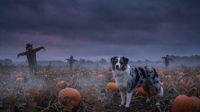 Australian Shepherd dog in a foggy pumpkin patch with scarecrows