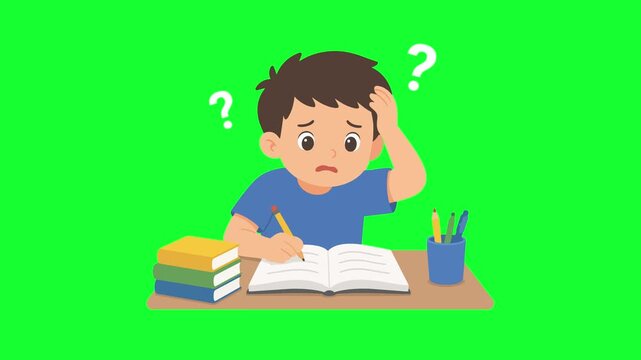 Cute cartoon boy confused studying at desk loop on green screen background for education, homework stress, difficulty, exam, and school video project.