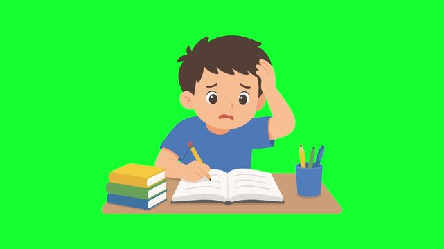 Cute cartoon boy confused studying at desk loop on green screen background for education, homework stress, difficulty, exam, and school video project.
