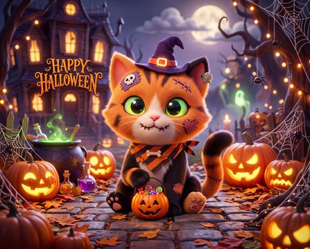 S&uuml;&szlig;e Halloween Katze als Zombie verkleidet, 3D Design
