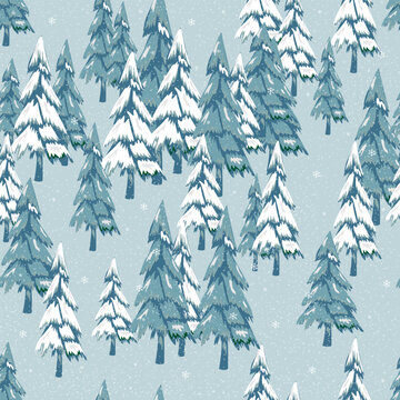 Winter Christmas Seamless Pattern With Snowy Pine Trees And Falling Snow, Blue Vector Forest Background For New Year Holiday, Wrapping Paper, Textile Print, Wallpaper And Festive Seasonal Design.