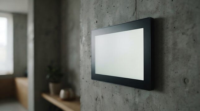 Smart home control panel with a blank white screen mounted on a raw concrete wall in a modern interior