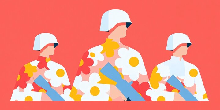 simplistic soldiers dressed down in casual floral print shirts conveying a concept of casual warfare or designer soldiers
