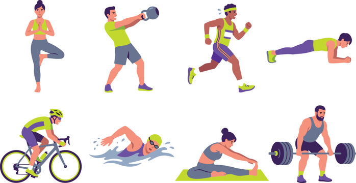 Set of diverse people training and doing different sports activities isolated on white background