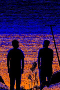 digital poster of two young friends talking on a street at sunset