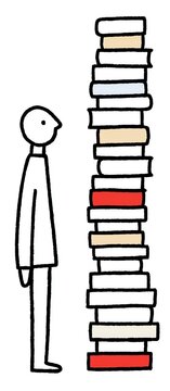 graphic of a person facing a stack of books; study, work, or research simple illustration