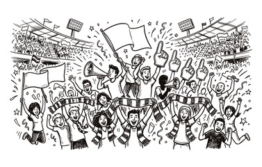 Obraz premium Excited sports supporters and stadium audience collection showcasing cheering fans waving flags holding scarves and celebrating a victory