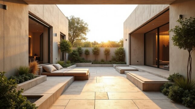 Terraza enmarcada por muros de hormig&oacute;n texturizado y asientos de madera integrados