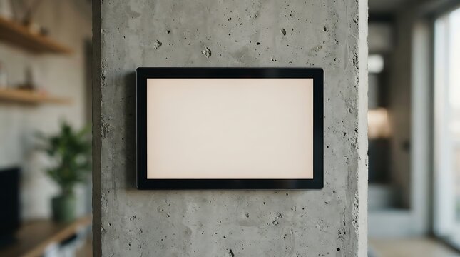 Blank digital screen mounted on a concrete wall, perfect for customizable displays and modern interior design