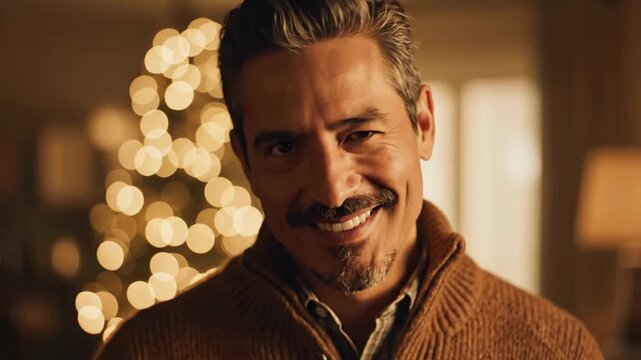 Mature Man Winking and Smiling in Festive Home Interior Slow Motion