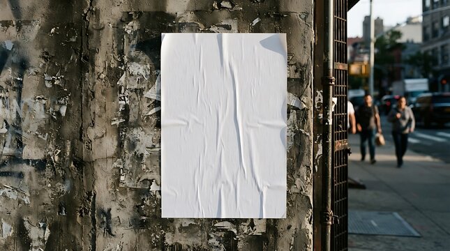 Blank white poster with copy space stuck on a weathered urban wall with people walking past on the sidewalk