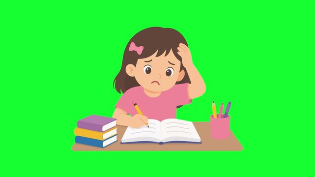 Cute cartoon girl confused studying at desk loop on green screen and white background for education, stress, homework, exam, and school video asset.