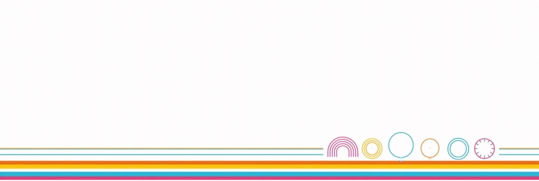Minimal multicolored linear header divider with rainbow, clock and circular outline shapes, empty white text space, decorative strip template for back to school webpage and poster layouts