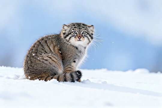 Pallas cat sitting attentively on deep snow ground representing alpine winter adaptation predator survival cold climate and rare wildlife