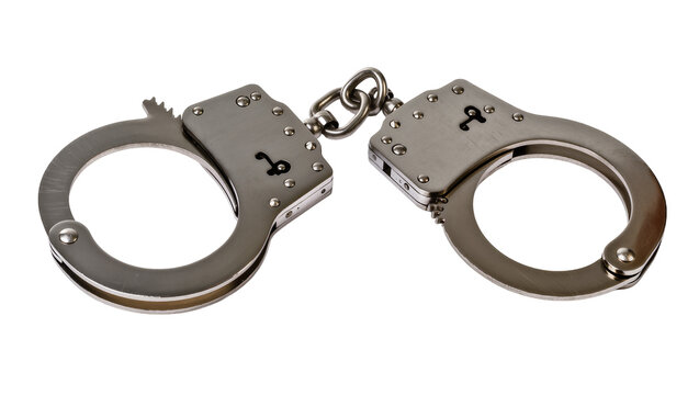 Metal handcuffs with chain link, isolated on transparent background