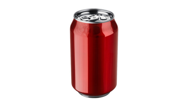 Shiny metallic red soda can with silver pull tab, isolated on transparent background