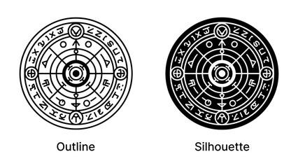 Magic Circle Outline and Silhouette: A circular graphic design features a mystical magic circle with intricate patterns, symbols, and script. © vala