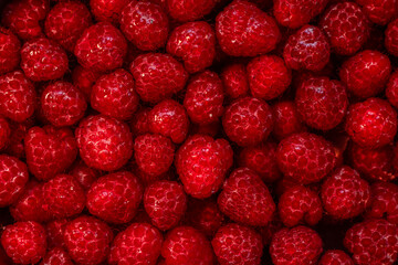 Full frame macro texture of fresh ripe red raspberries harvested in summer © Ellen