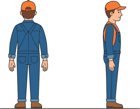 Male Gardener Character Back and Side View with Gardening Overalls Cap Work Boots and Farm Worker Turnaround Illustration Set