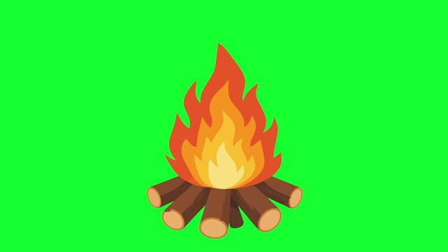 Animated bonfire burning loop on green screen background for camping, outdoor adventure, fireplace, bonfire night, and motion graphics project.