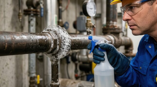 Technician performing a meticulous gas leak detection test on industrial plumbing pipes using a soapy solution