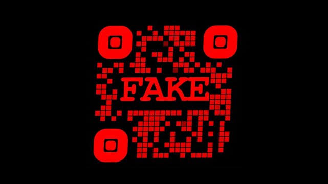 Red QR Code With The Word Fake Displayed Prominently.