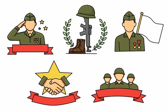 Military Veteran Day Line Art Icon Set Collection &ndash; Soldier, Memorial, Handshake and Honor Symbols