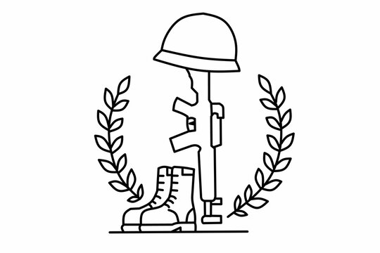 Military Memorial Line Art Icon with Soldier Helmet, Rifle, Boots and Laurel Wreath