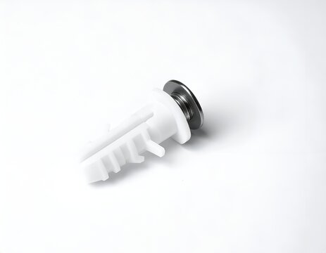 White plastic furniture fastener with metal screw on a white background
