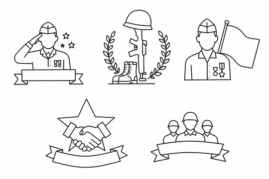 Military Veteran Day Line Art Icon Set Collection &ndash; Soldier, Memorial, Handshake and Honor Symbols