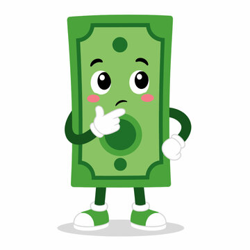 Cute Green Money Mascot Thinking with Hand on Chin Flat Vector Cartoon Character Isolated on White Background with Shadow for Financial Decision Concept