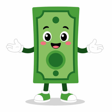 Cute Green Money Mascot Presenting with Open Arms Flat Vector Cartoon Character Isolated on White Background with Shadow for Financial Service Concept