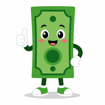 Cute Green Money Mascot Giving Thumbs Up Flat Vector Cartoon Character Isolated on White Background with Solid Shadow for Finance and Success Concep